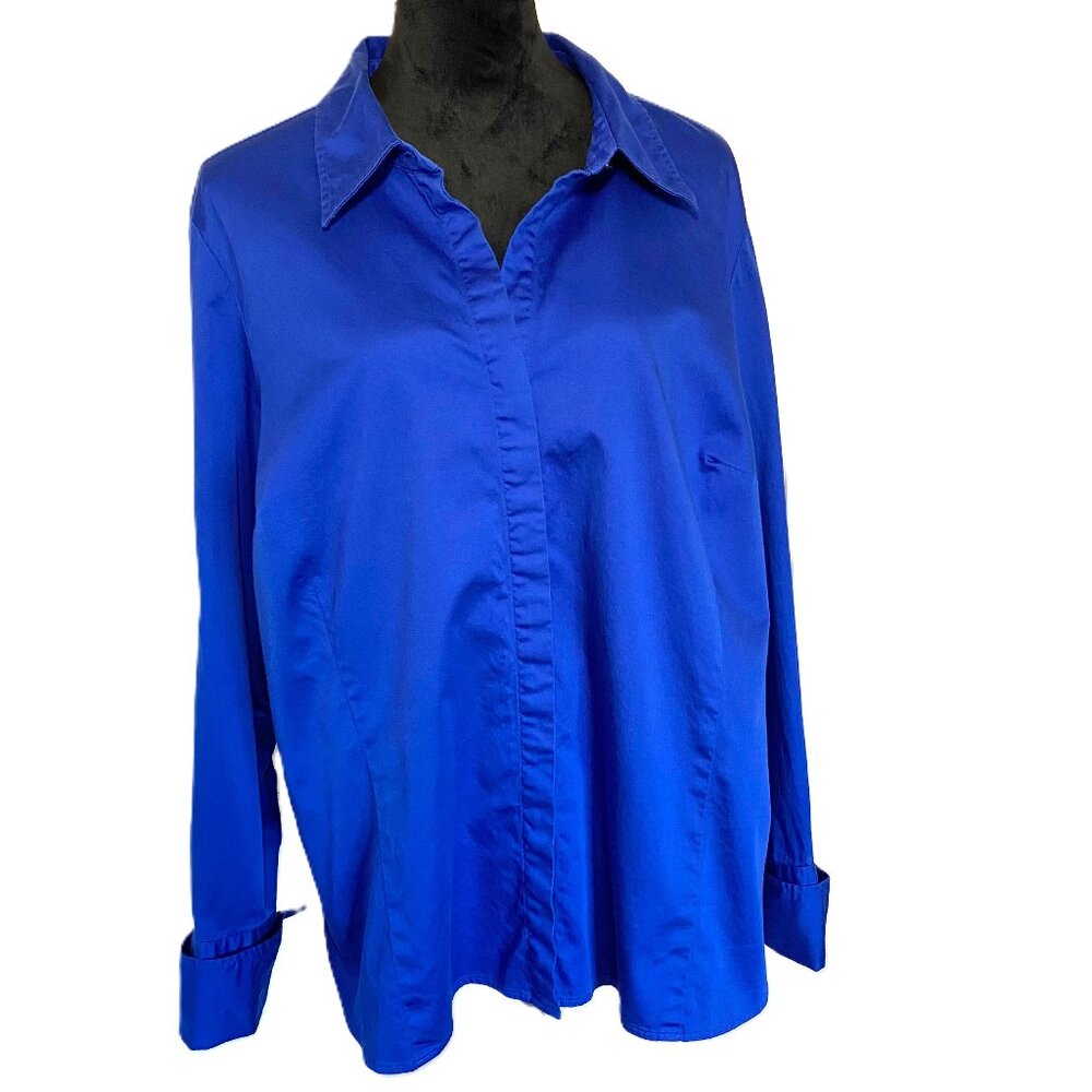 Lane Bryant SZ 18/20 Blue Hidden Button-Down Shirt CuffLink Button Long Sleeve